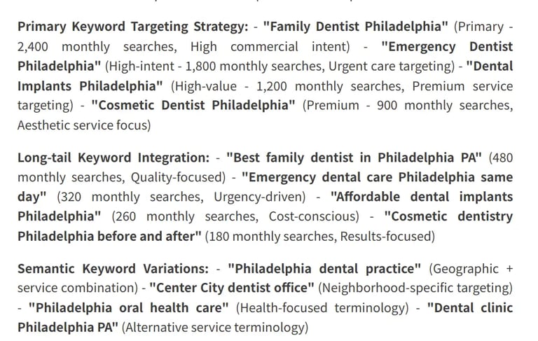Primary, long-tail, and semantic dental SEO keywords 