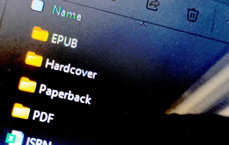 Close-up of a computer screen showing folders labeled EPUB, Hardcover, Paperback, and PDF
