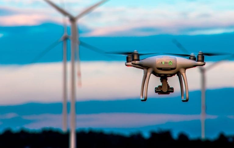 a small drone flying over a wind turbine