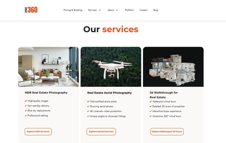 Space360 services section for real estate media and SEO strategy case study