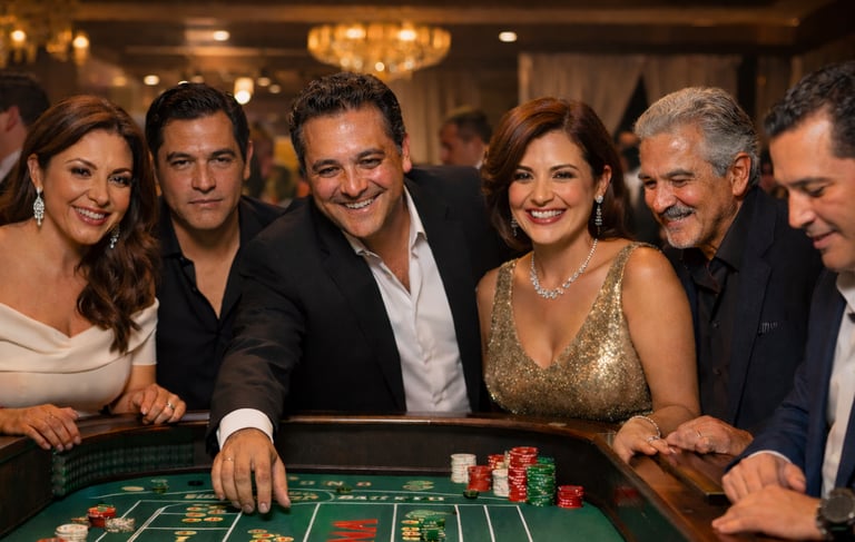 a group of smiling hispanic people playing craps
