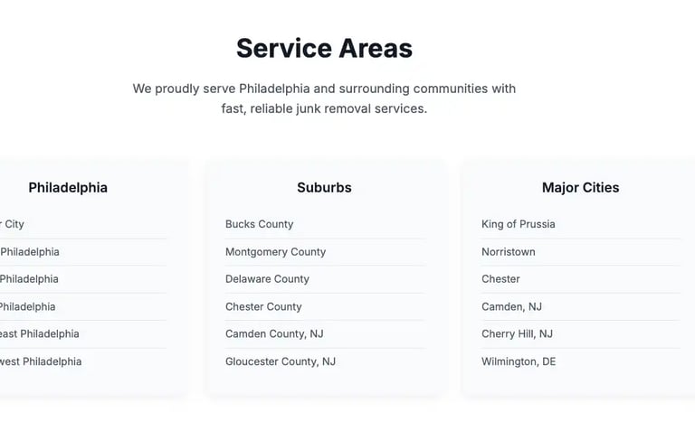 Local SEO challenge summary with service areas listed for a junk removal company