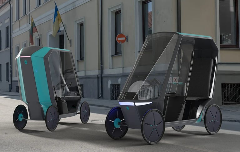 TaxiBike hybrid velomobile navigating urban streets, showcasing carbon-fiber body, modular seating,
