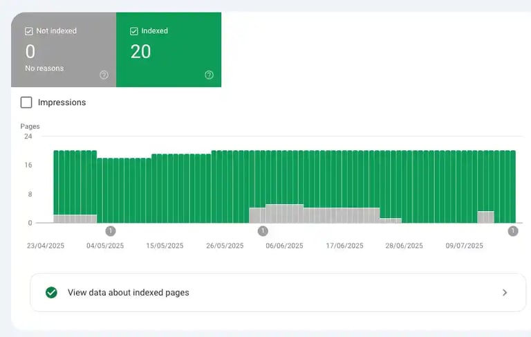 Google Search Console report showing 20 indexed pages