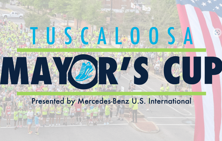 The Logo of the Tuscaloosa Mayor's Cup presented by Mercedes-Benz with a US Flag and runners