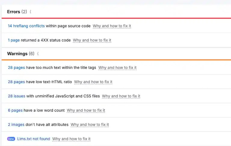 SEO audit report showing site errors and warnings