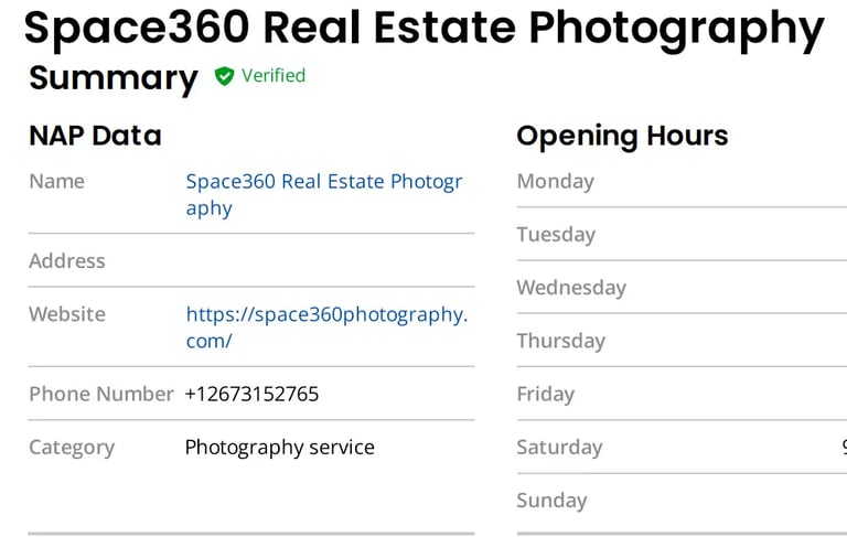 Google Business Profile for Space360 Real Estate Photography showing verified listing details