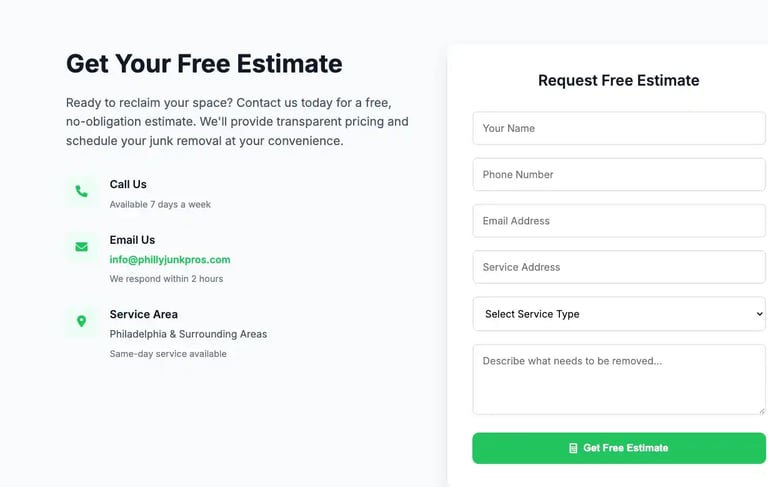 Junk removal contact form and project goals section