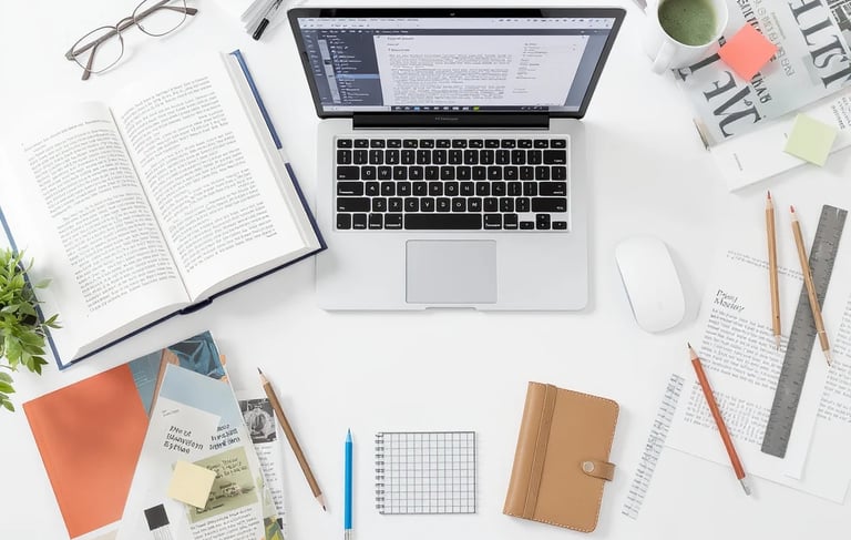 An overhead shot of a messy desk with a laptop, books, papers, and a mug.