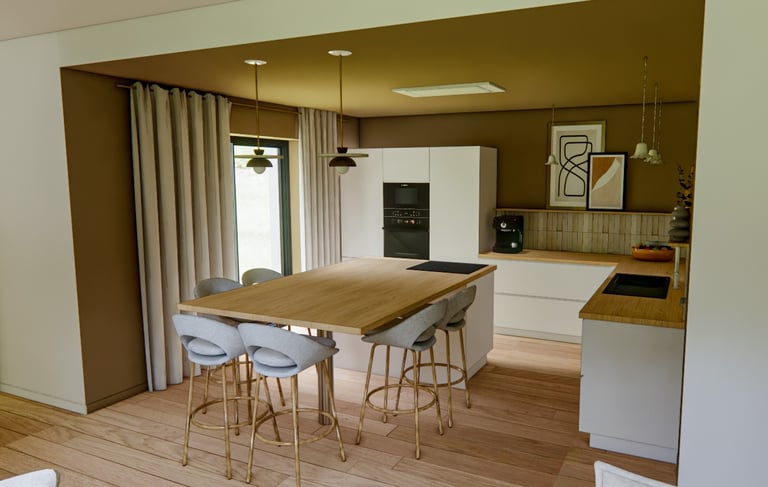 Cuisine équpée moderne, façades blanches, plan de travail en bois