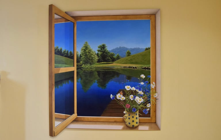 Fenêtre ouverte en trompe-l'oeil, un bouquet de fleurs des champs sur le rebord, un étang, paysage