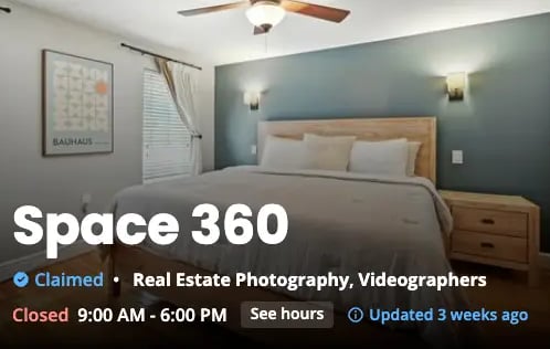Yelp business listing for Space360 with real estate photography and videography services