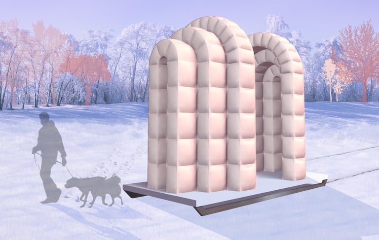 an arched temporary shelter set on a sled