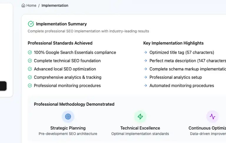 SEO implementation summary with key optimization highlights