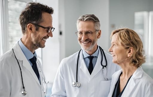 Drei Ärzte in weißen Kitteln, frisch über eine Ärztevermittlung in eine Klinik vermittelt.