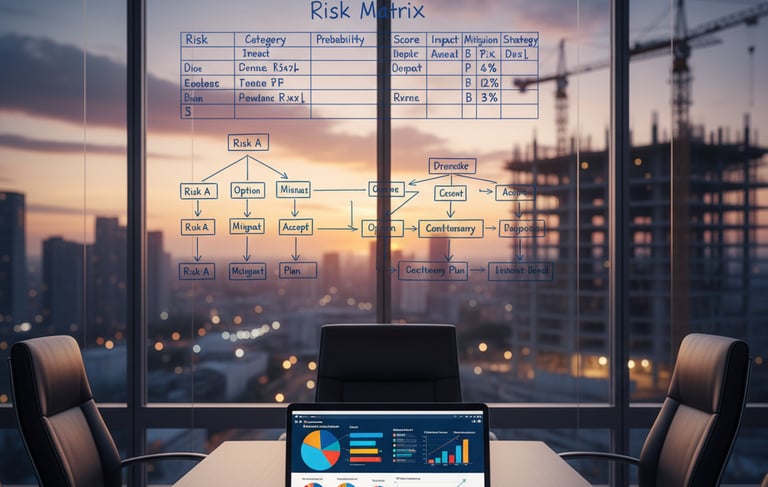 Risk management meeting with project team reviewing risk matrix.