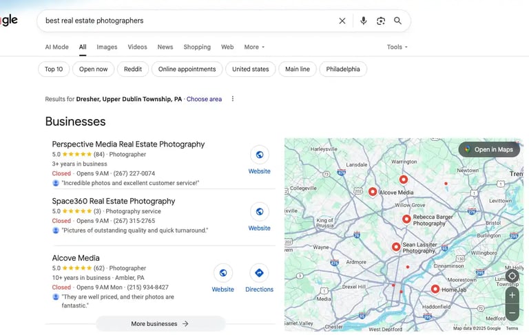 Local search result showing Space360 in top 3 for real estate photography