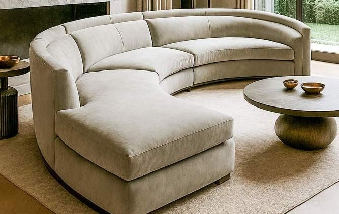 Curved modular sectional in light gray suede, custom-built by Solo Home Decor for stylish comfort.