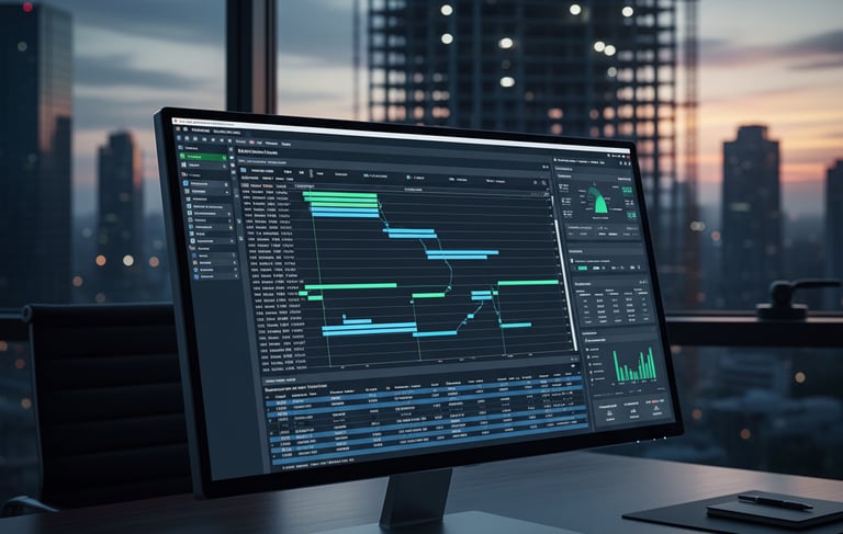 Construction project controls dashboard on computer with Gantt chart.