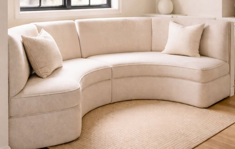 Curved banquette seating in a residential breakfast nook with upholstered custom cushions
