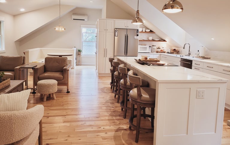 New White Kitchen, white counters, wood floating shelves, ADU renovation