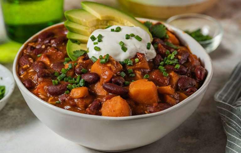 Bowl with vegan chili sin carne with beans, vegetables, vegan topping yogurt and avocado
