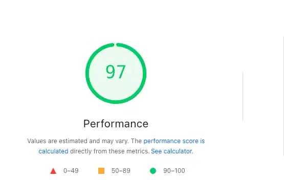 Google PageSpeed performance score of 97 displayed in green circle