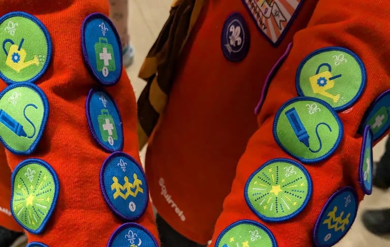 Two Squirrels show their many badges from the 25th Allerton Scout group