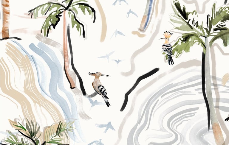 Design de superfície têxtil de estampa tropical com coqueiros, pássaros e pinceladas orgânicas