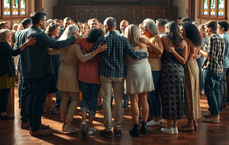 un groupe de personnes debout dans une église