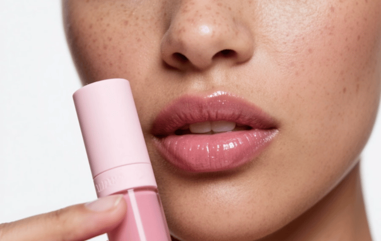 Woman wearing pink lip gloss
