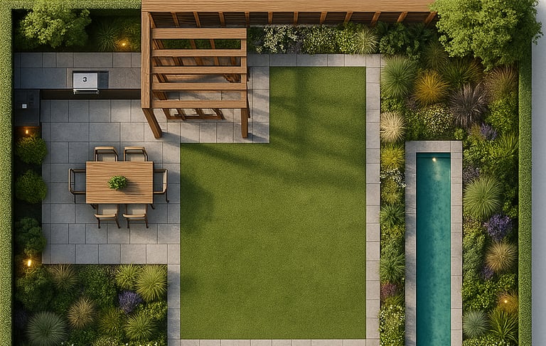 a plan of a garden with a pool and a patio | Nour Nagy Designs