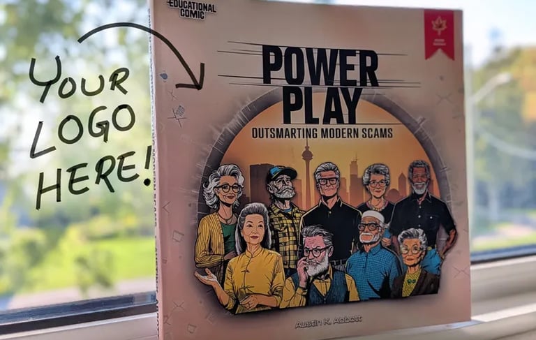 Photo of the educational comic book Power Play Outsmarting Modern Scams standing on a windowsill, showing illustrated seniors