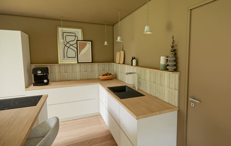 Cuisine équipée, ton blanc et bois