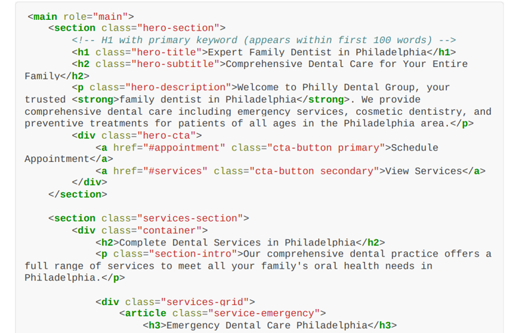 SEO-optimized HTML hero section for Philadelphia dentist
