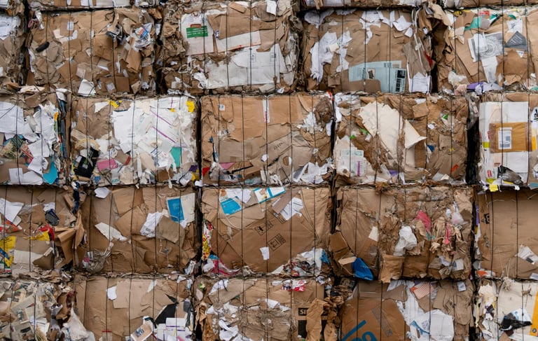 Stacked bundles of waste like paper or textiles