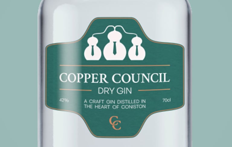 Close up of Copper Council Gin bottle label.