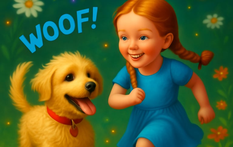a little girl is running with a dog