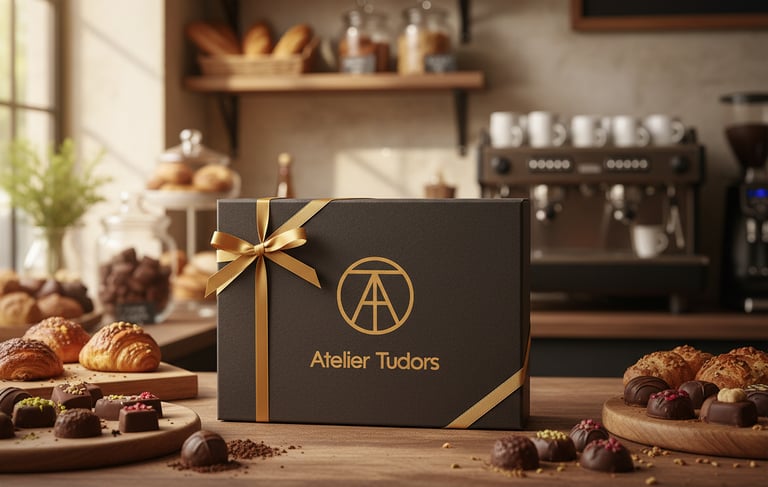 Boite noir de chocolats avec logo or et rubans or