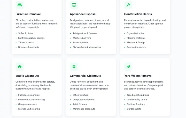 SEO project overview and junk removal services layout