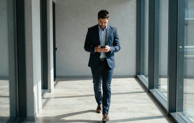 A sharp, high-angle photograph of a modern tech professional walking through a minimalist, sun-drenched corridor in a North American / US metropolitan office. They are looking at a smartphone with a focused expression. The color palette includes deep navy and light gray shadows with bright blue accents from the glass windows. Professional, clean, and dynamic atmosphere.