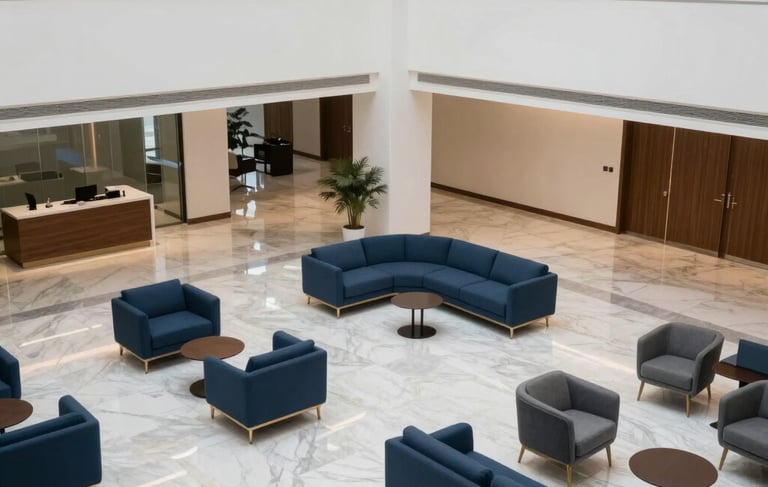 A high-angle photography shot of a modern corporate office lobby in Ras Al Khaimah, Middle Eastern / Gulf context. Clean architectural lines with marble floors reflecting soft light. The space is decorated with professional furniture in deep blue and grey-blue tones, conveying a trustworthy and innovation-focused business atmosphere.