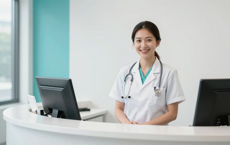 A bright, modern medical reception area in a North American / US clinic. A friendly healthcare professional in a clean medical coat stands behind a minimalist desk, smiling warmly. The lighting is soft and natural, emphasizing a calm and compassionate atmosphere. The interior design features accents of Ocean Teal and Snow white.