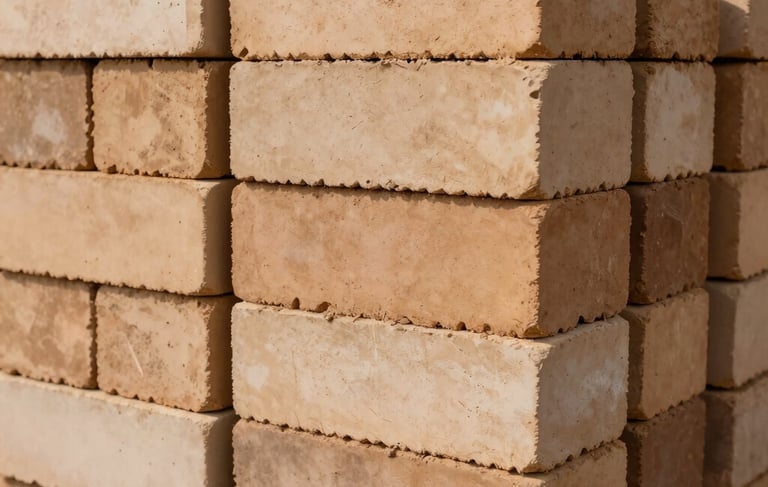 A close-up photograph of premium clay bricks neatly stacked in a modern industrial yard. The bricks are in various shades of beige and tan. Natural lighting emphasizes the robust texture and clean lines. North American / European architectural setting.