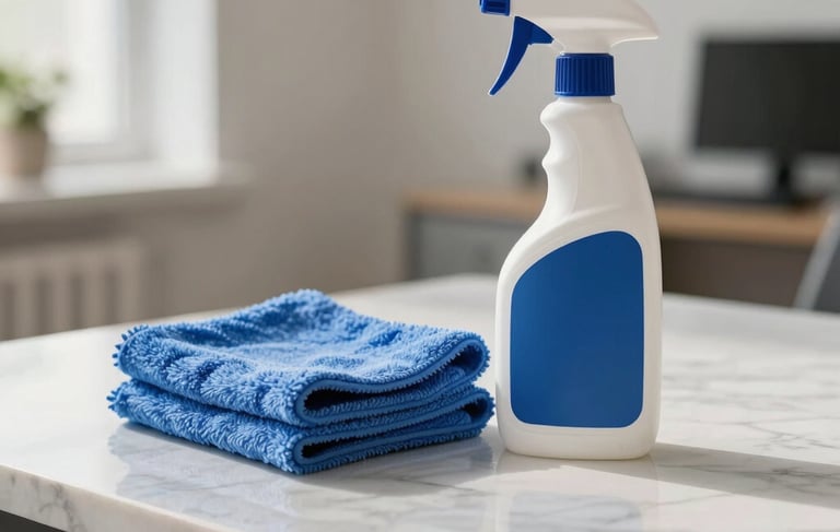 Close-up of high-quality professional cleaning equipment including a blue microfiber cloth and a sleek spray bottle resting on a polished marble surface in a bright Central European office building. Soft natural morning light, clean lines, professional photography style with a focus on hygiene and reliability, incorporating off-white and deep blue tones.