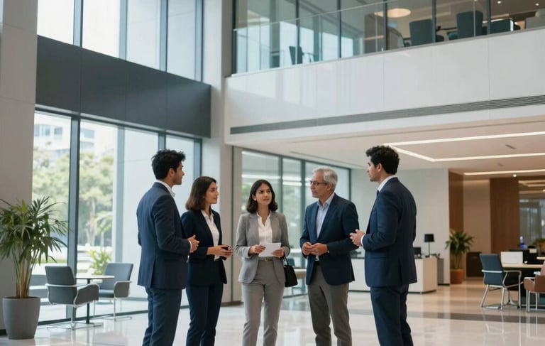 A high-end corporate office lobby in a modern Indian tech park, featuring sleek architecture and glass walls. Professional South Asian business partners in formal attire are engaged in a discussion. The lighting is bright and airy, incorporating steel blue and powder blue accents in the interior design.