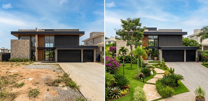 Imóvel sem jardim e o mesmo imóvel com jardim - valorização