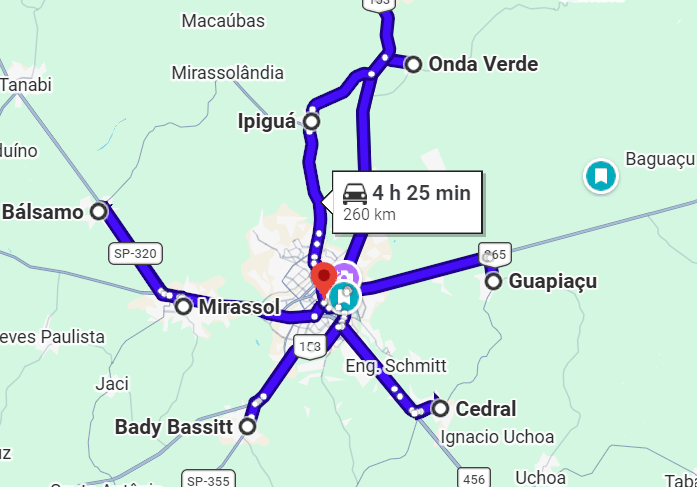 São José do Rio Preto, Mirassol, Bálsamo, Bady Bassit, Guapiaçu, Cedral, Uchoa, Nova Granada