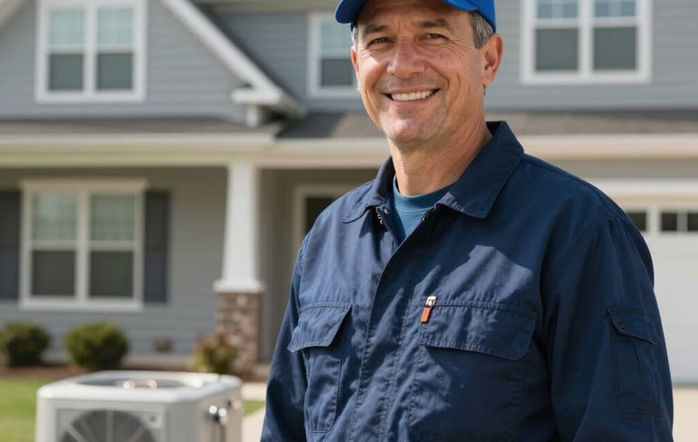 A professional HVAC technician wearing a dark blue uniform and a steel blue cap, smiling and standing in front of a modern North American house in Madison, Wisconsin. Bright, clean daytime lighting with a focus on trust and reliability.