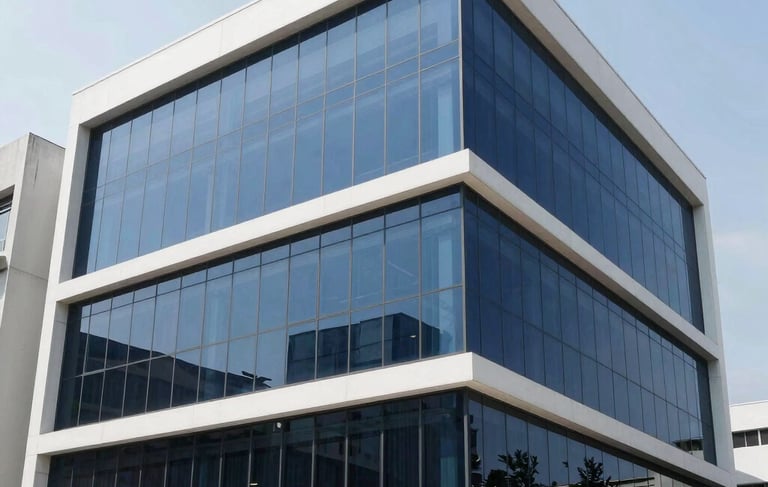 A professional photography shot of a sleek, modern commercial building in Bandung, Indonesia, with large glass windows covered in premium dark privacy film. The setting is Southeast Asian urban environment during a bright clear day, emphasizing the clean architectural lines and the efficient reflection of the innovative window solution. The image uses a palette of white and dark blue.